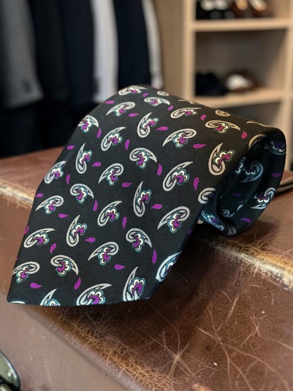 CHRISTIAN DIOR Silk Necktie, Black Purple Teal Grey, Art Deco Paisley Scroll